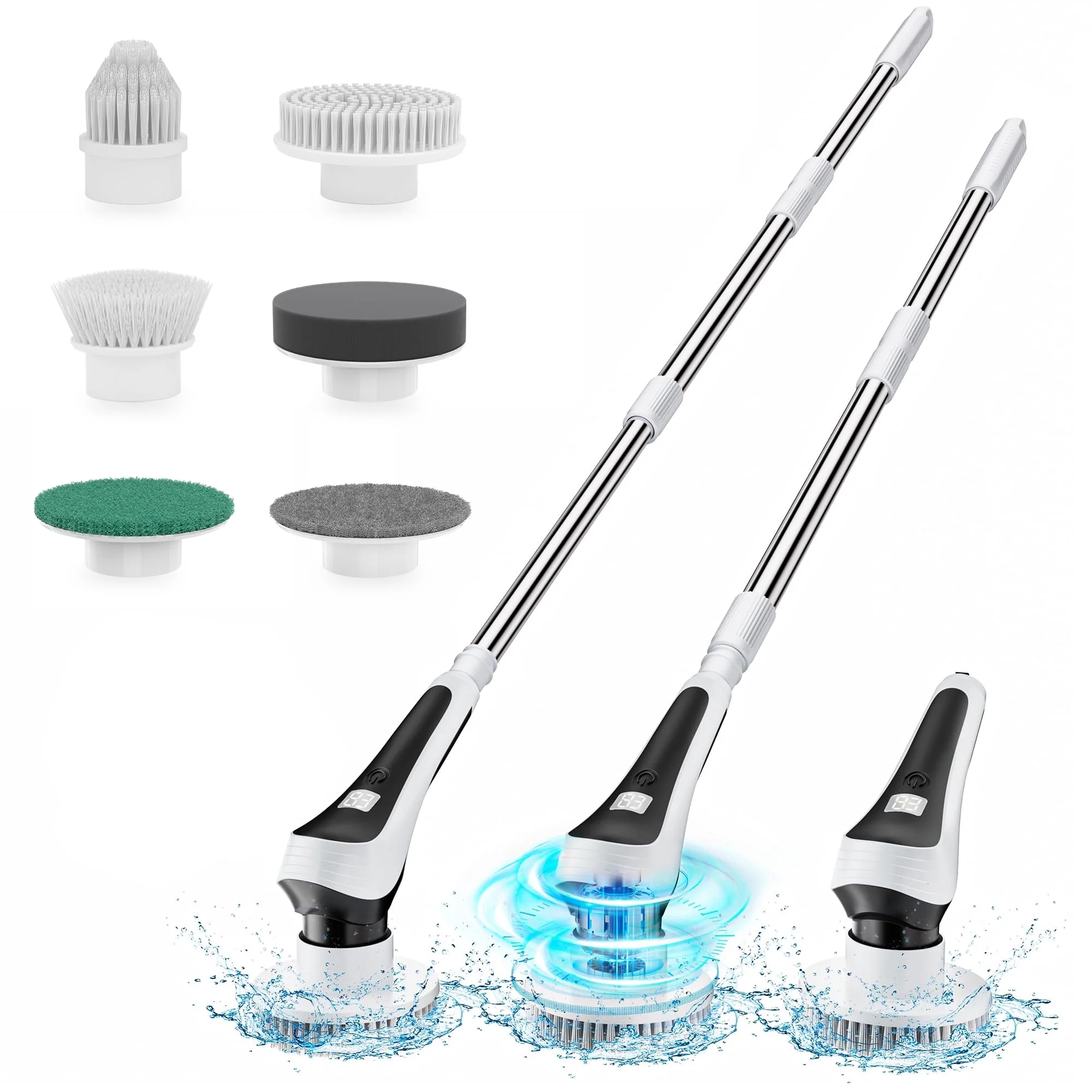 Powtree Electric Spin Scrubber Cordless Bathroom Cleaning Brush with Extension Handle and 6 Replaceable Brush Heads Support IP68 Waterproof for Bathroom Bath Tub Shower Tile Floor