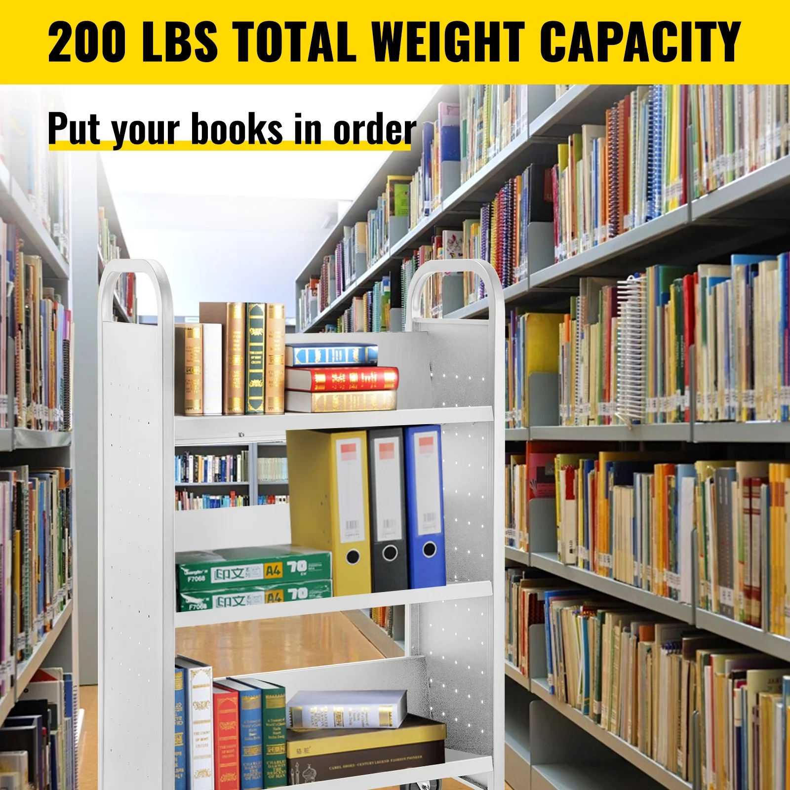 BENTISM Book Cart Library Cart 200 lbs Capacity with V-Shaped Shelves in White