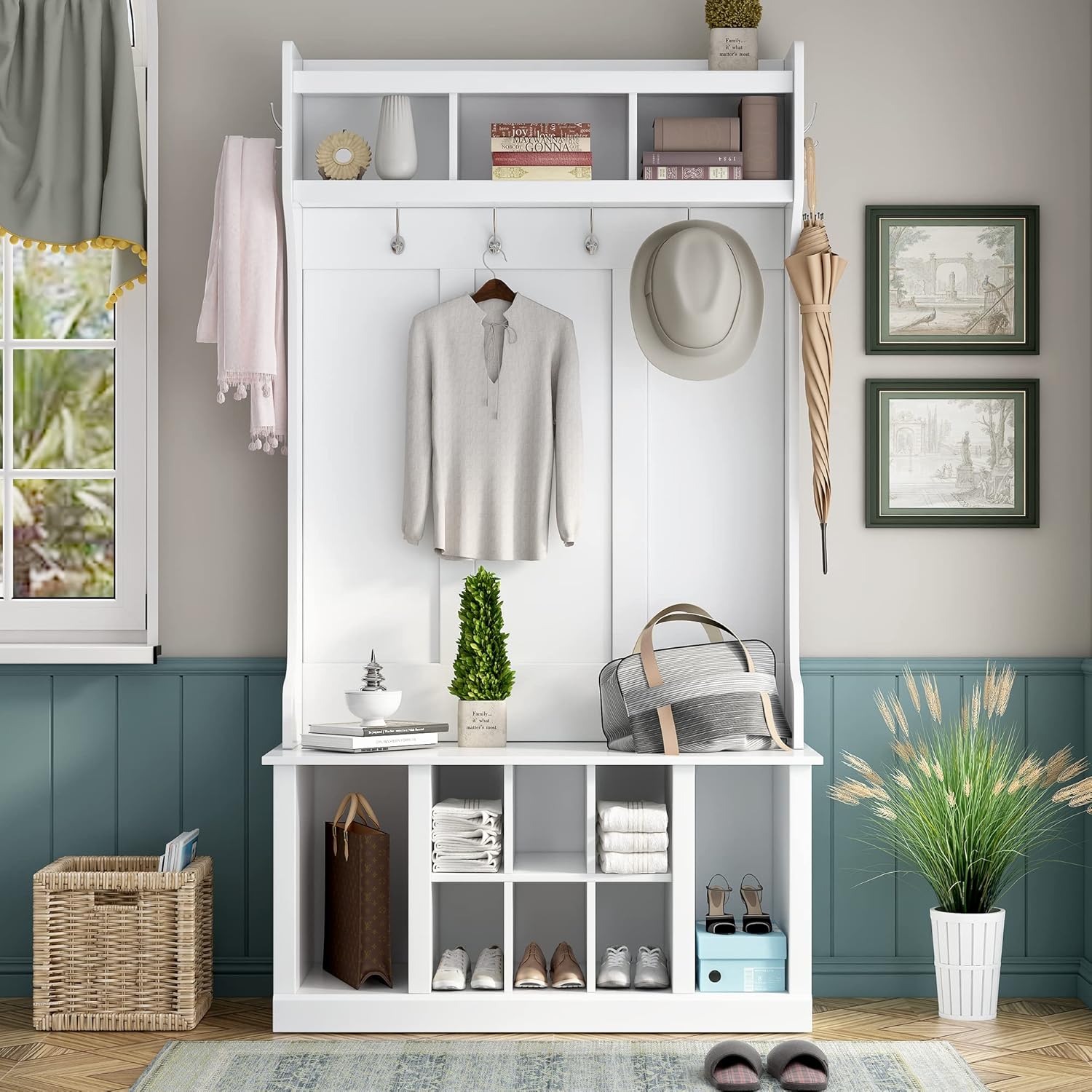 NicBex Hall Tree with Bench and Shoe Storage Hall Tree with 6 Hooks, Coat Hanger, Entryway Bench, Storage Bench, 3-in-1 Design, 39.4INCH, for Entrance, Hallway, White