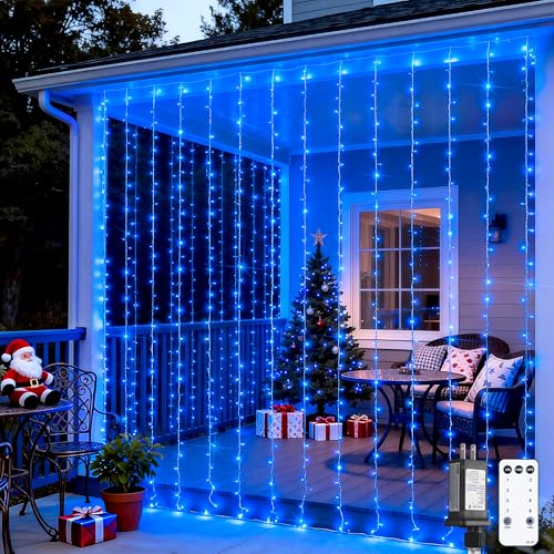 JMEXSUSS 300 LED Remote Control Christmas Curtain Lights, Plug in Fairy Curtain Lights Outdoor, Window Wall Hanging String Lights for Bedroom Backdrop Wedding Party Indoor Patio Xmas Decor, Warm White