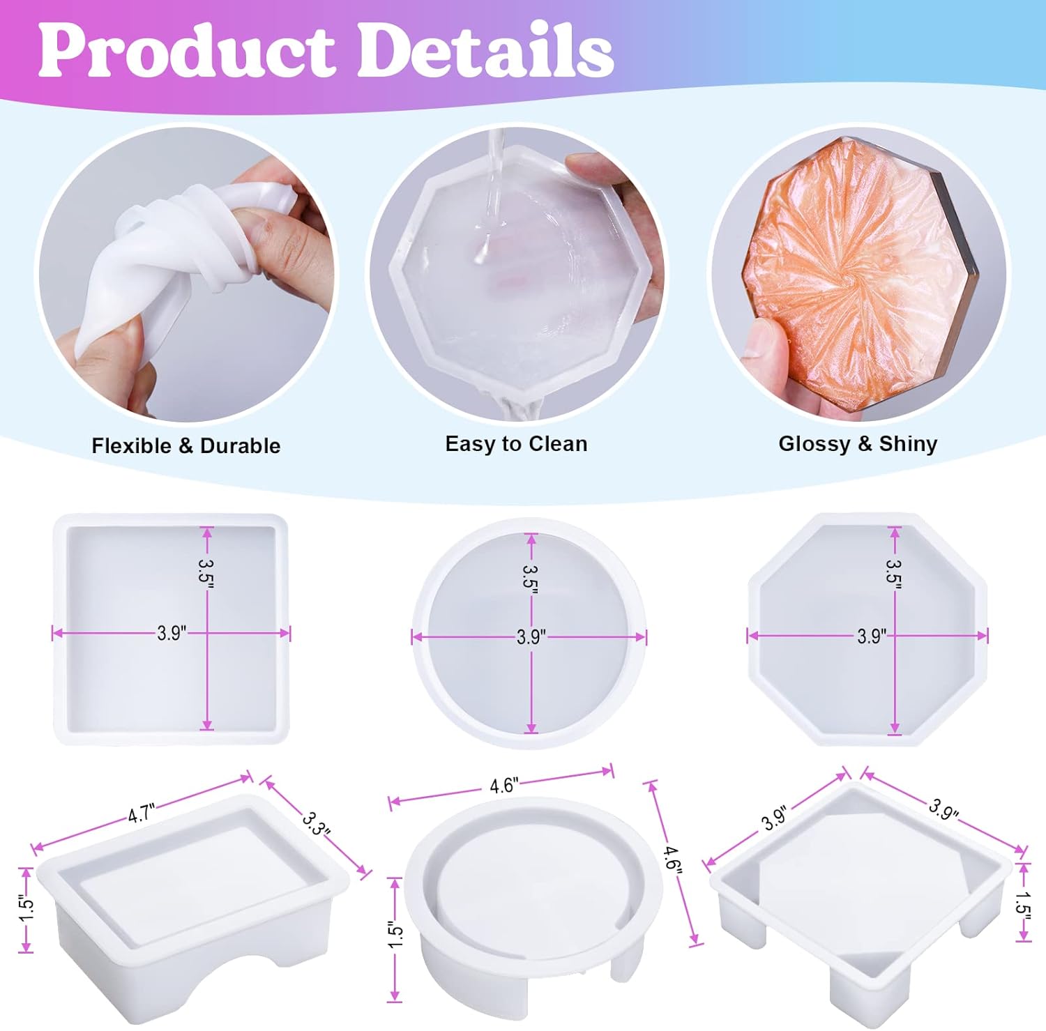 LET'S RESIN 18 Pcs Coaster Resin Molds Silicone, Coaster Molds with Round Square Octagon Shape Holder Molds for Epoxy Resin, DIY Art Craft Cup Mats
