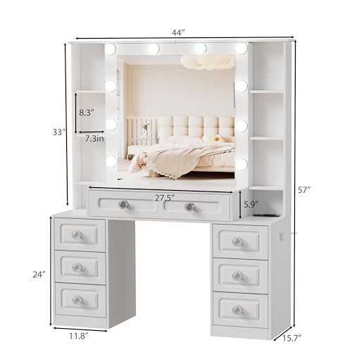 Farmhouse Makeup Vanity with Lighted Mirror & Charging Station, Vanity Desk Dresser Table with 3 Lighting Modes Brightness Adjustable,Drawers,Hair Dryer Stand for Bedroom,White(No Stool)