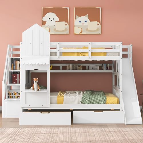 Kids Bunk Bed with Stairs and Slide, Wood Twin Over Twin Bunk Bed with Storage Drawers and Shelves, Castle Style Bunk Beds for Kids Teens Girls Boys, Gray