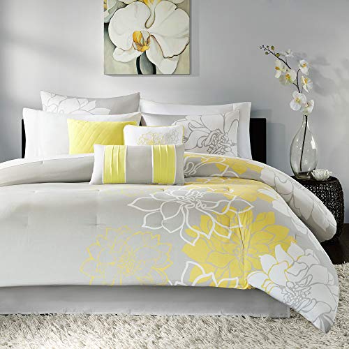 Madison Park Lola Sateen Cotton Comforter Set-Casual Medallion Floral Design All Season Down Alternative Bedding, Shams, Bedskirt, Decorative Pillows, Cal King, Grey/Aqua 7 Piece