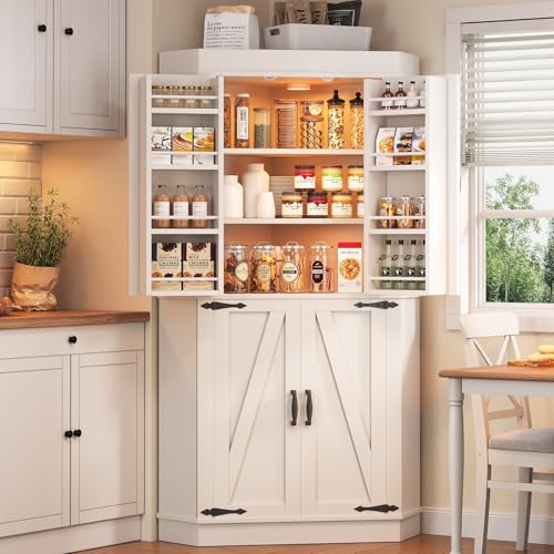 Corner Cabinet, Kitchen Pantry Cabinet, Storage Cabinet with 4 Doors and Shelves, Kitchen Cabinet, Pantry Cabinet, Tall Food Pantry Storage Cabinet Farmhouse Furniture for Kitchen Dining Room, White