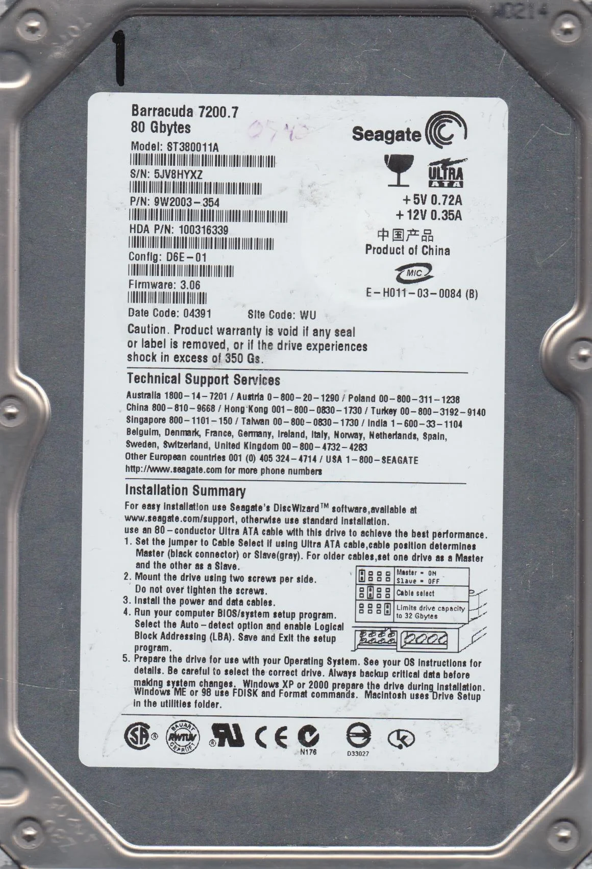 ST380011A, 5JV, WU, PN 9W2003-354, FW 3.06, Seagate 80GB IDE 3.5 Hard Drive