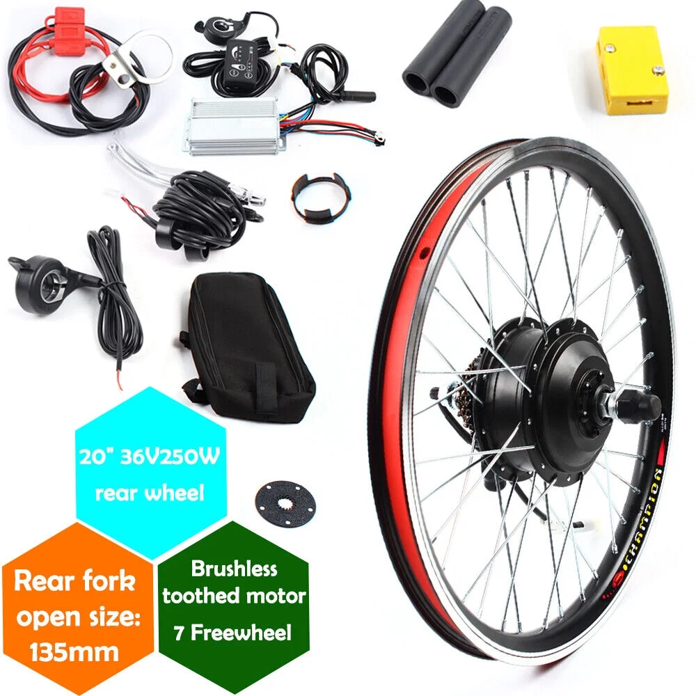 Fichiouy 20'' E-Bike Rear Wheel Motor Hub Electric Bicycle Motor Conversion Kit 36V 250W