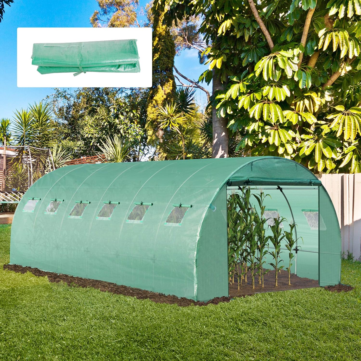 Outsunny 19.7' x 9.8' x 6.6' Plastic Greenhouse Cover Replacement, Heavy Duty Waterproof Tarp for Hoop House, Sheeting with 12 Windows, Door & Reinforcement Grid, Green
