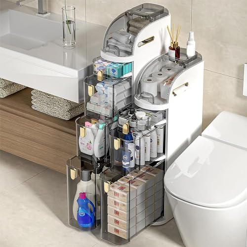 Storage Cabinet 3/4/5 Tier Bathroom Floor Storage Cabinet Narrow Tall Slim Bathroom Storage Tower with Clear Drawers Side Storage Organizer Cabinet for Kitchen Laundry Gap Storage Unit