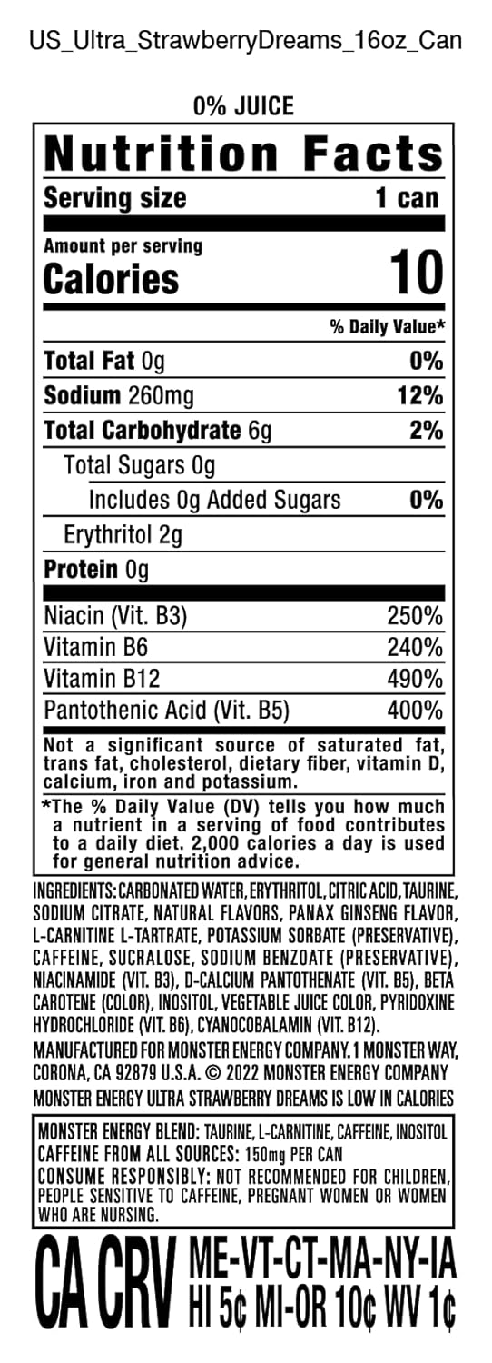 Monster Energy Ultra Strawberry Dreams, Sugar Free Energy Drink, 16 Ounce (Pack of 15)