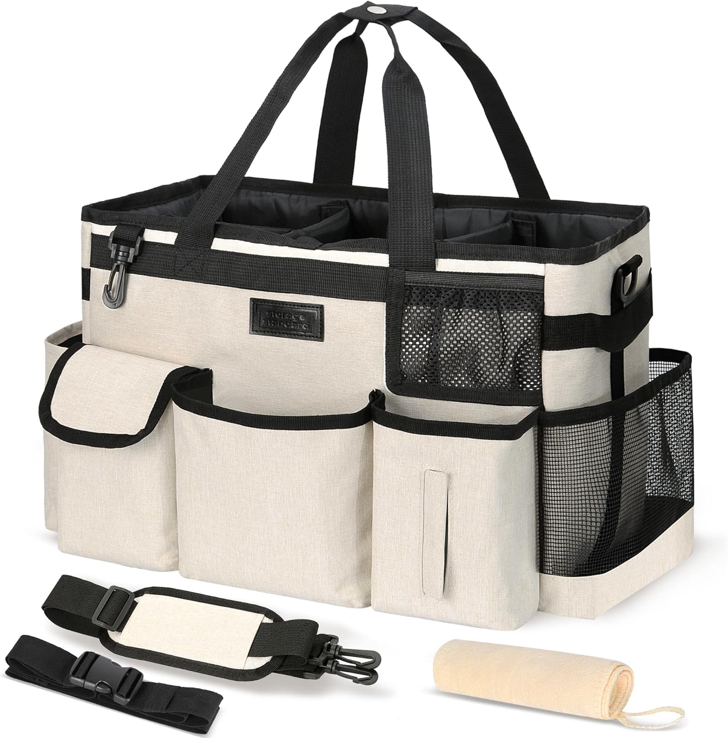 Cleaning Caddy Organizer with Handle - Large Caddy Bag for House & Bathroom Cleaning Supplies, 15 x 8 x 10.5 inches Cleaning Supply Caddy, Housekeeping Tote with Adjustable Strap - Beige