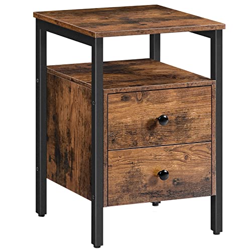 HOOBRO Nightstand, End Table with 2 Drawers and Storage Shelves, Night Stand for Small Space, Side Sofa Table for Living Room, Bedroom, Easy Assembly, Rustic Brown and Black BG43BZ01G2