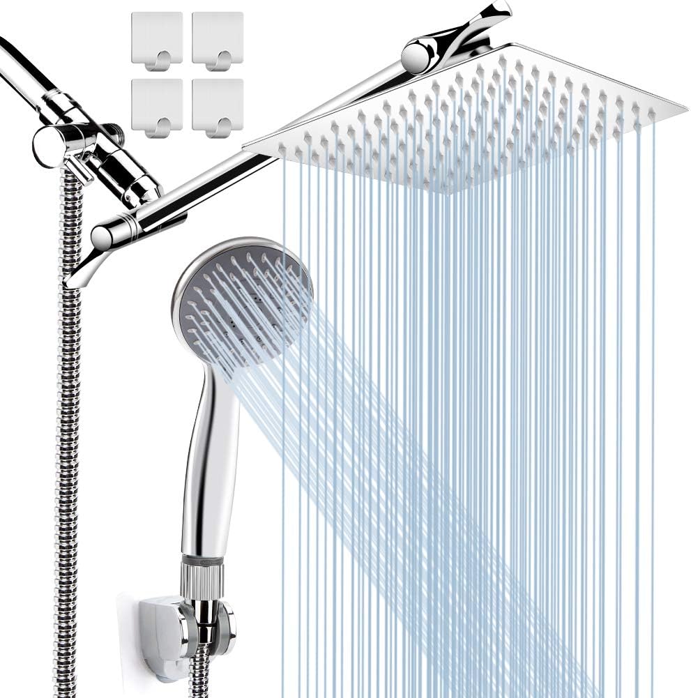 8'' High Pressure Rainfall Shower Head / Handheld Shower Combo with 11'' Extension Arm, Height/Angle Adjustable, Stainless Steel Bath Shower Head with Holder, 1.5M Hose, Chrome, 4 Hooks Pack of 2