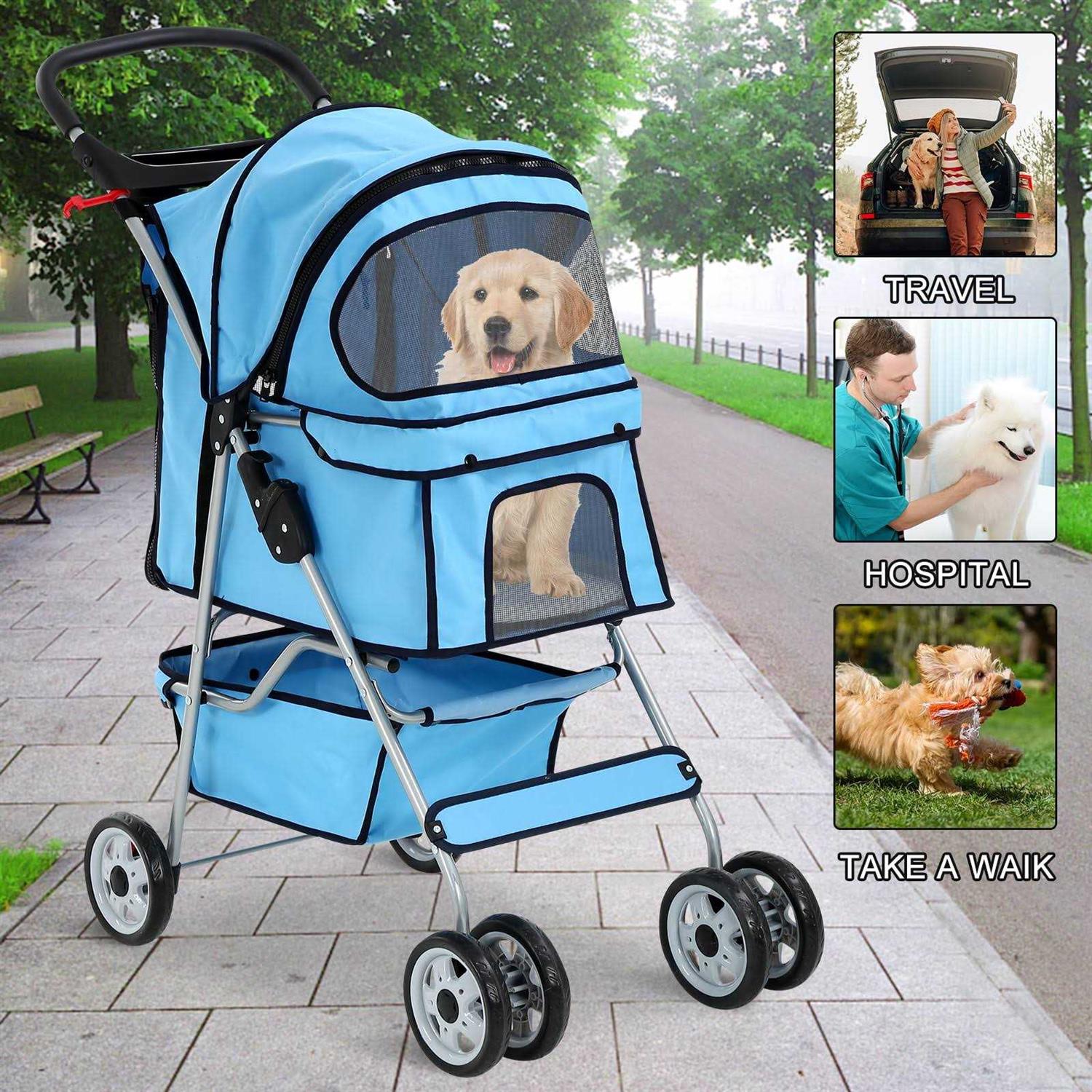 4 Wheels Pet Stroller Foldable Dog Stroller Cat Stroller with Cup Holders& Storage Basket for Small Medium Dogs - Pet Supplies online store