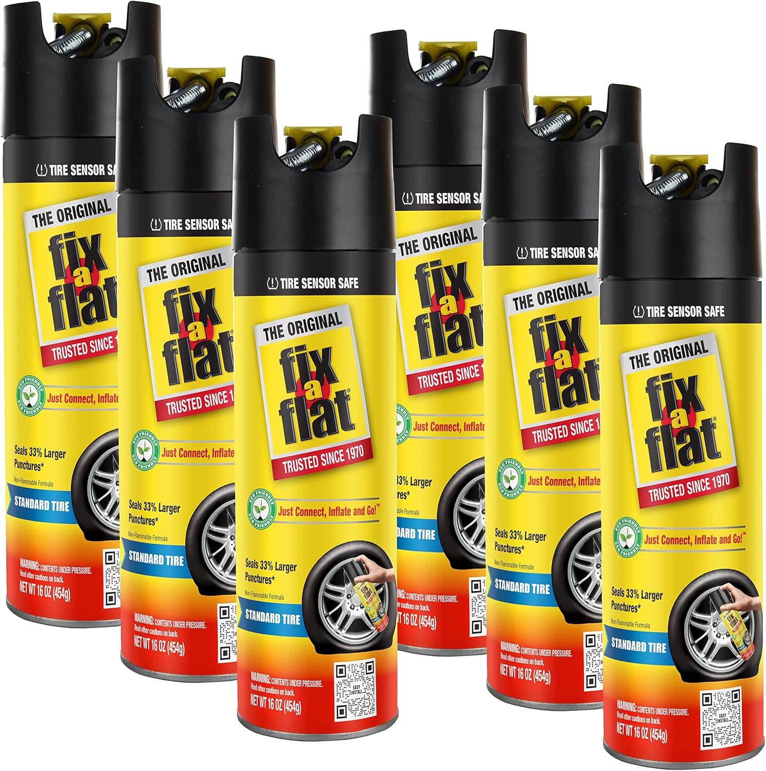 Fix-A-Flat S60420-6PK Aerosol Emergency Flat Tire Repair and Inflator, for Standard Tires, Eco-Friendly Formula, Universal Fit for All Cars, 16 oz. (Pack of 6) Pack of 2
