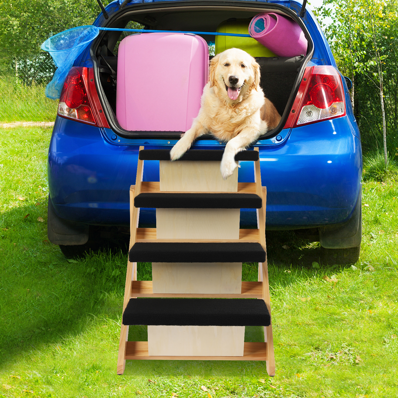 Oukaning Pet Stairs 2-in-1 Dog Ramp Cat Dog Stairs Foldable Pine Wood Natural + Black