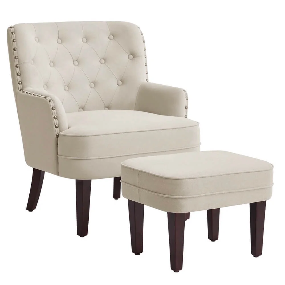 Accent Chair with Ottoman,28.4'' Wide Tufted Armchair and Ottoman for Bedroom Living Room, Beige 1 chair & 1 ottoman