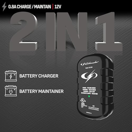 Schumacher Electric 0.8A Car Battery Charger and Maintainer, 2-in-1 Solution for 12V Batteries, SC1299, for Power Sport, Automotive, and Marine Batteries