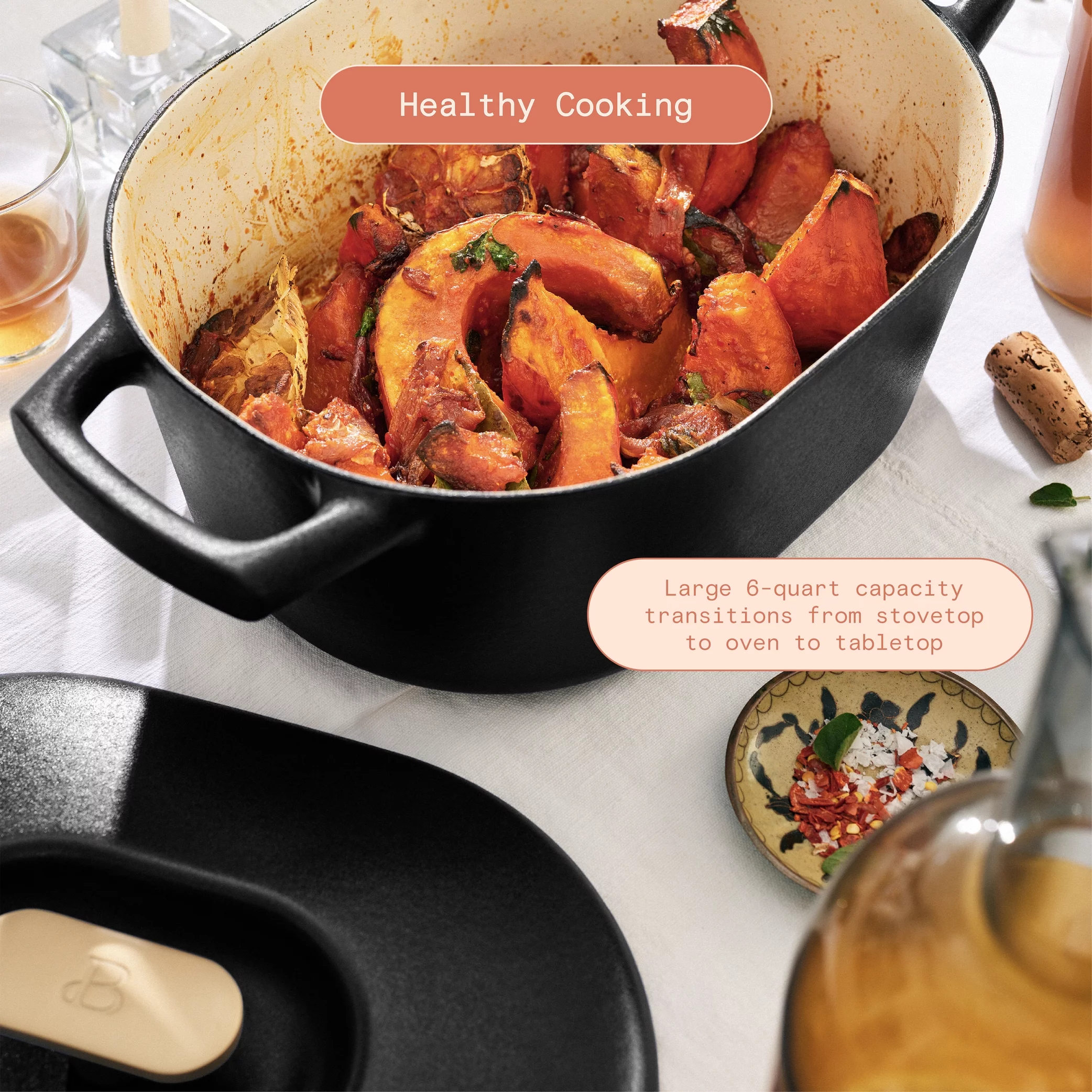 Beautiful 6 Quart Enamel Dutch Oven, Black Sesame by Drew Barrymore