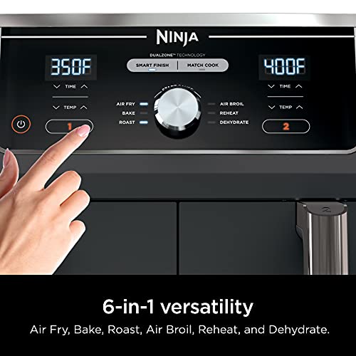Ninja Foodi 10QT 6-in-1 DualZone Smart XL Air Fryer, 2 Independent 5QT Baskets, Smart Cook Thermometer, Match Cook, Smart Finish, Air Fry, Roast, Bake, Dehydrate, Reheat, Grey, DZ550
