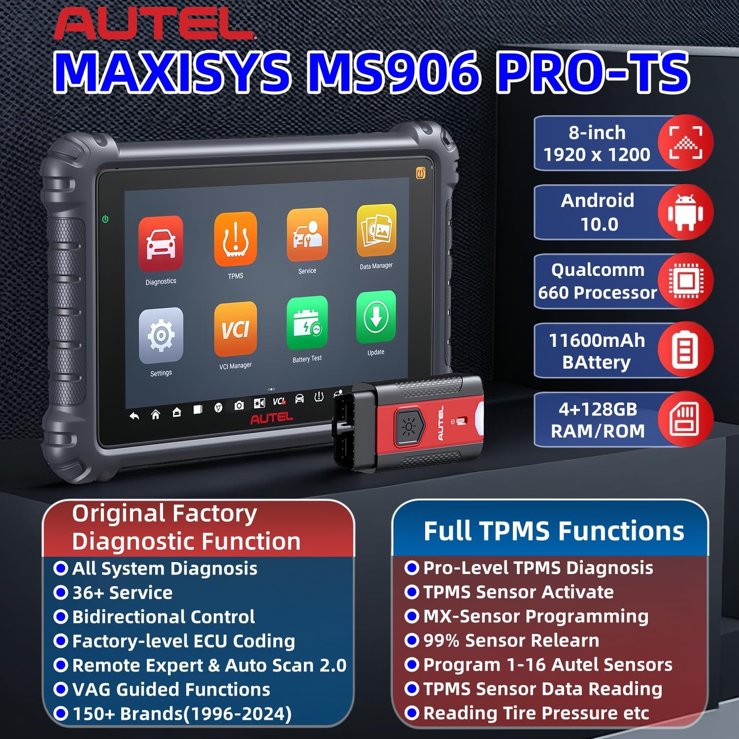 Autel Scanner MaxiSys MS906 Pro-TS 2024 Top TPMS Programming Tool, Up of MS906 Pro MS906TS MS906BT MK908 MK900 MX900, All System Diagnostic/ECU Coding/ 36+ Service/Bidirectional Control/CANFD&DOIP