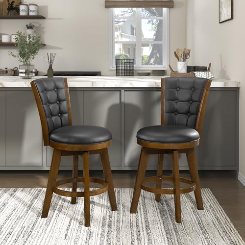 Lexicon Swivel Bar Stools Set of 2, Counter Height Stools for Kitchen Island, Kitchen Stools with Backs, Chestnut Finish and Black Faux Leather Cushion Seat