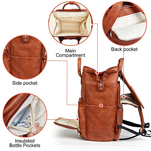 Leather Diaper Bag Backpack with Changing Mat Travel Backpack Waterproof&Insulated Large Nappy Bag Stroller Straps, Brown B, 13.8x8x18 Inch (Pack of 1), Travel Backpacks