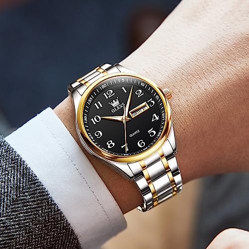 Men's Casual Stainless Steel Watch, Big Face Easy to Read Analog Quartz Watch with Day and Date, Classic Waterproof Diamond Roman Arabic Numerals Dial Dress Watch for Men, Gold Silver Black Band