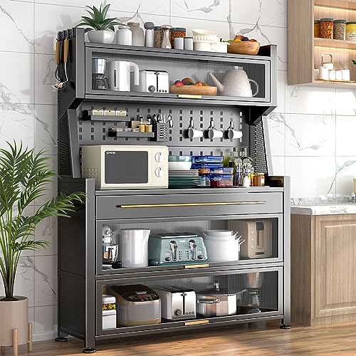 Kitchen Storage Cabinets, Bakers Rack with Drawers, Microwave Stand, with Flip Door Cabinet, Pegboard and Accessories, for Garage Pantry Home Kitchen Spices, Pots ( Color : Gris , Size : L-80CM/31.5IN