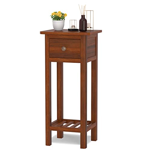 GORELAX Narrow End Table, Tall Nightstand with Drawer & Shelf, Small Bedside Table w/Anti-Tipping Device, No Assembly, Wooden Small Sofa Side Table for Small Space, Living Room, Bedroom (2, White)