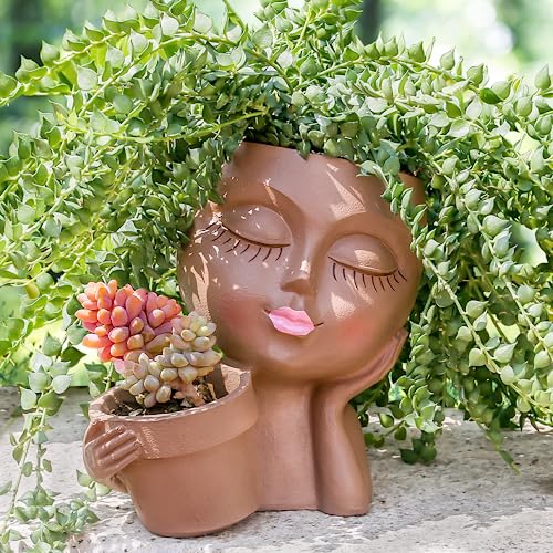 Face Planters Pots Head Planter for Indoor Outdoor Plants - Cute Plant Pots for Flower Succulent with Drainage Hole - Ideal Present Ideas(Khaki Lady)