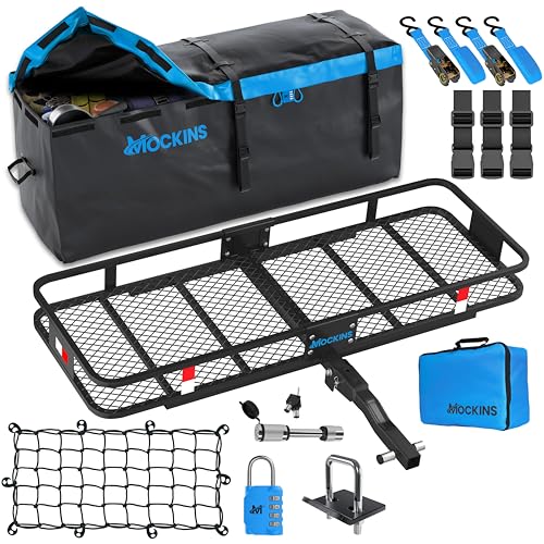 Mockins 60x20x6 Heavy-Duty Trailer Hitch Cargo Carrier 500lb Cap & 16 CuFt Soft Shell Waterproof Luggage Cargo Bag |Folding Hitch Cargo Carrier w/Net & Hitch Accessories |2