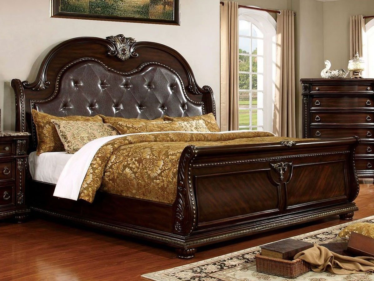 Brown Cherry Formal Luxurious Eastern King Size Bed Camel Back Sleigh Design Tufted Padded HB Faux Wood Carved Detail 1pc Bed