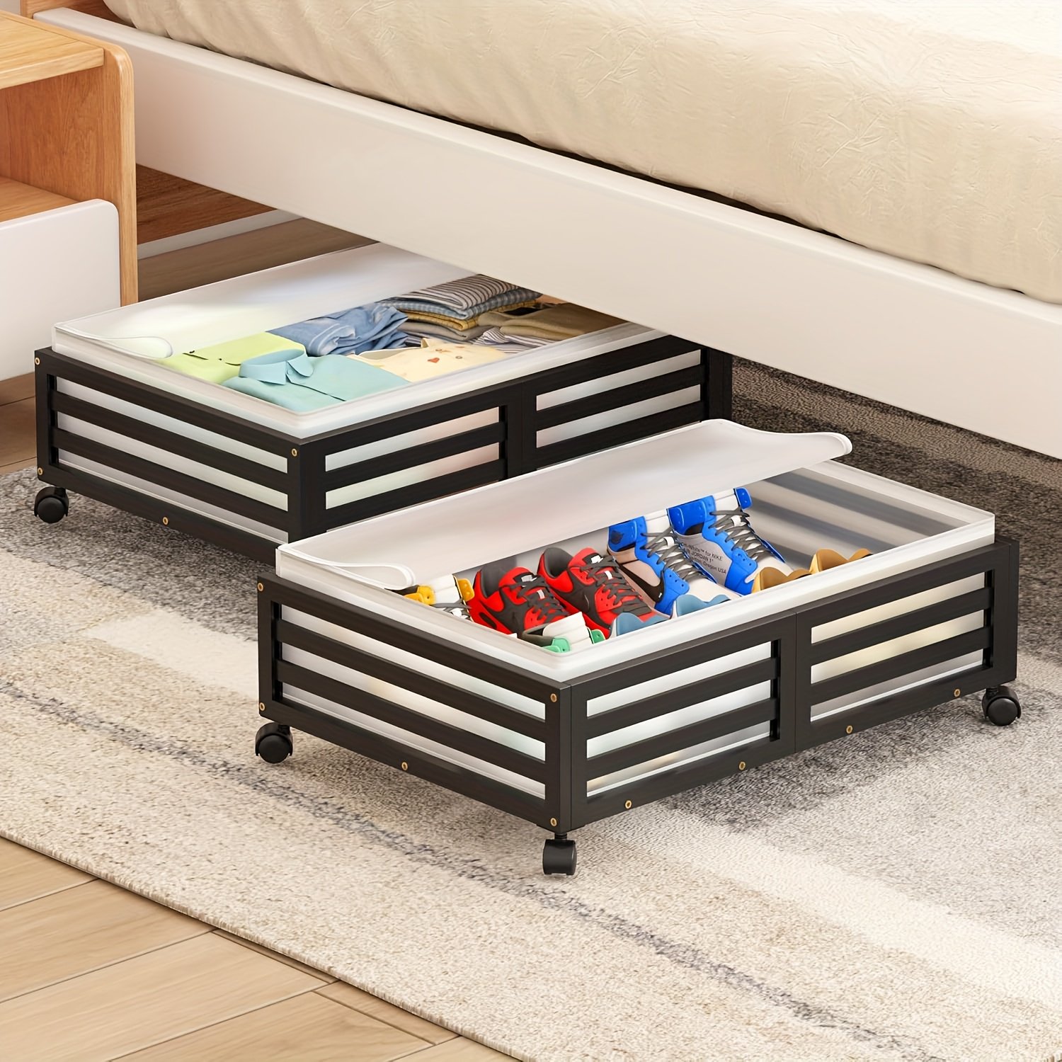 2-Pack Bamboo Under-Bed Storage Bins with Wheels, Large Capacity Rolling Organizers for Clothes & Shoes, Natural Finish Space-Saving Design, No Assembly Required
