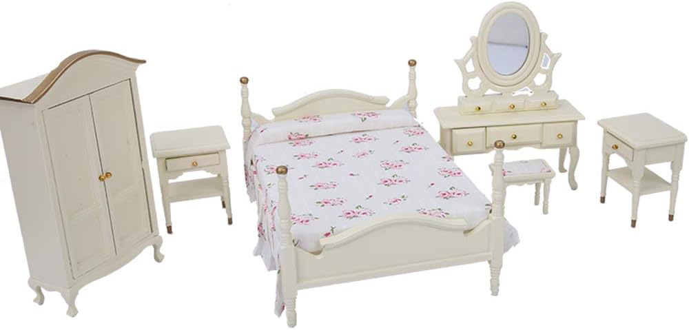 Dolls House Furniture Assembly Kits Comfortable Wood Miniature Bedroom Set House Furniture Classic Doll House Furniture Wooden Mini Bedroom Set for Dollhouse
