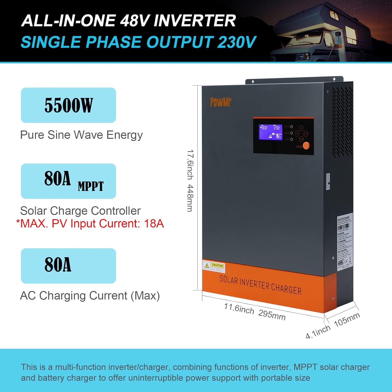 PowMr 5500w Solar Hybrid Inverter with 80A MPPT Charge Controller 48V DC to 220/230V AC, Off-Grid Pure Sine Wave Inverter Support Running Without Battery