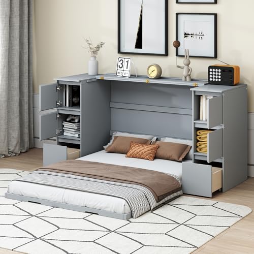 Full Size Murphy Bed with Drawers, Cabinets and USB Ports,Wood Murphy Bed Cabinet Bed Removable Shelves,Space-Saving Hidden Platform Bed for Guest Bedroom,Guest Room,Home,Office,Gray