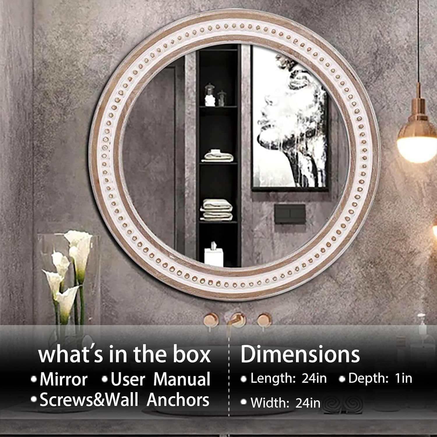 24 Inches Farmhouse Round Wood Mirror for Wall Decor, Rustic Distressed Mirror with Beads Boho Decorative Mirror for Bedroom, Living Room or Entryway Hanging Bathroom Mirrors for Over Sink