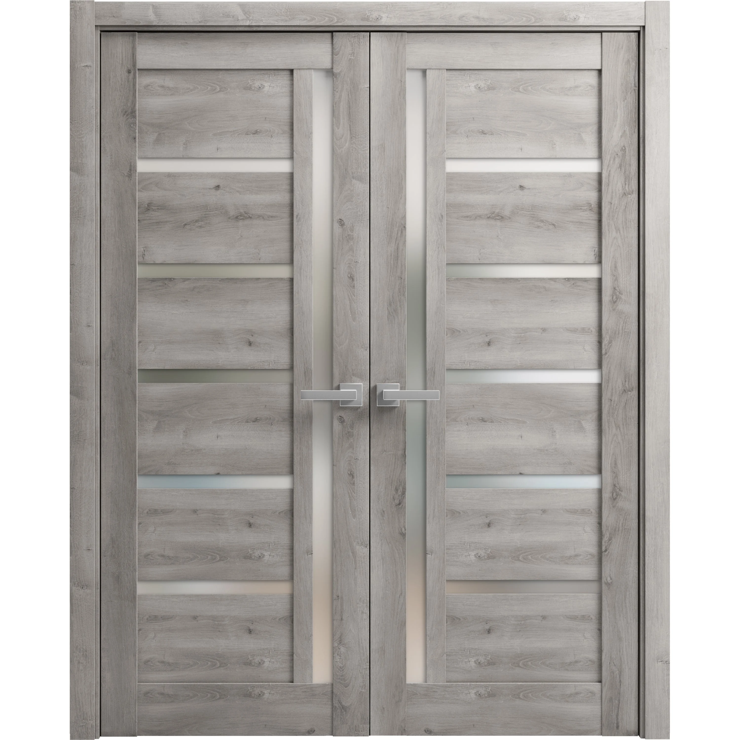 Solid French Double Doors 48 x 80 inches | Quadro 4088 Nebraska Grey with Frosted Glass | Wood Solid Panel Frame Trims | Closet Bedroom Sturdy Doors