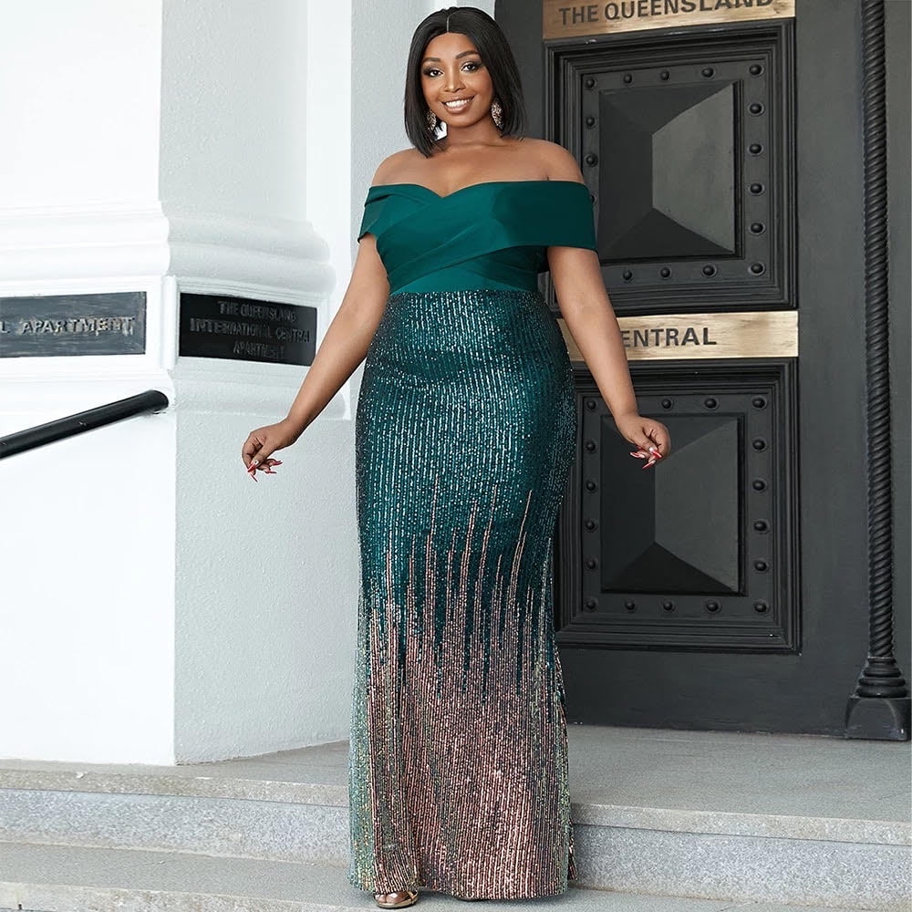 Amazing-Snazzy Women off Shoulder Sequin Formal Evening Gowns| Plus Size Women Elegant Dress