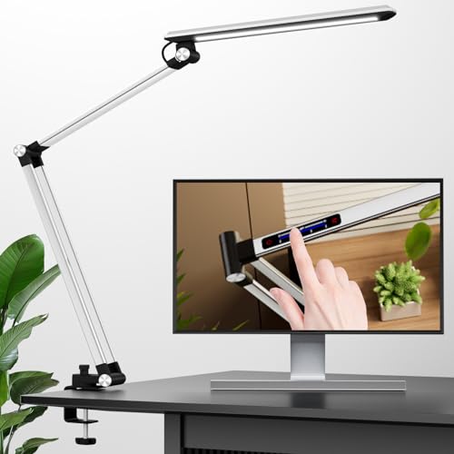 Space Saving LED Desk Lamps,Touch Adjustment 10 Color Temperatures &10 Brightness Eye-Caring Modes, Swing Arm Desk Light with Clamp，Lamp for Home Office 360° Spin Memory Function-Metallic Gray
