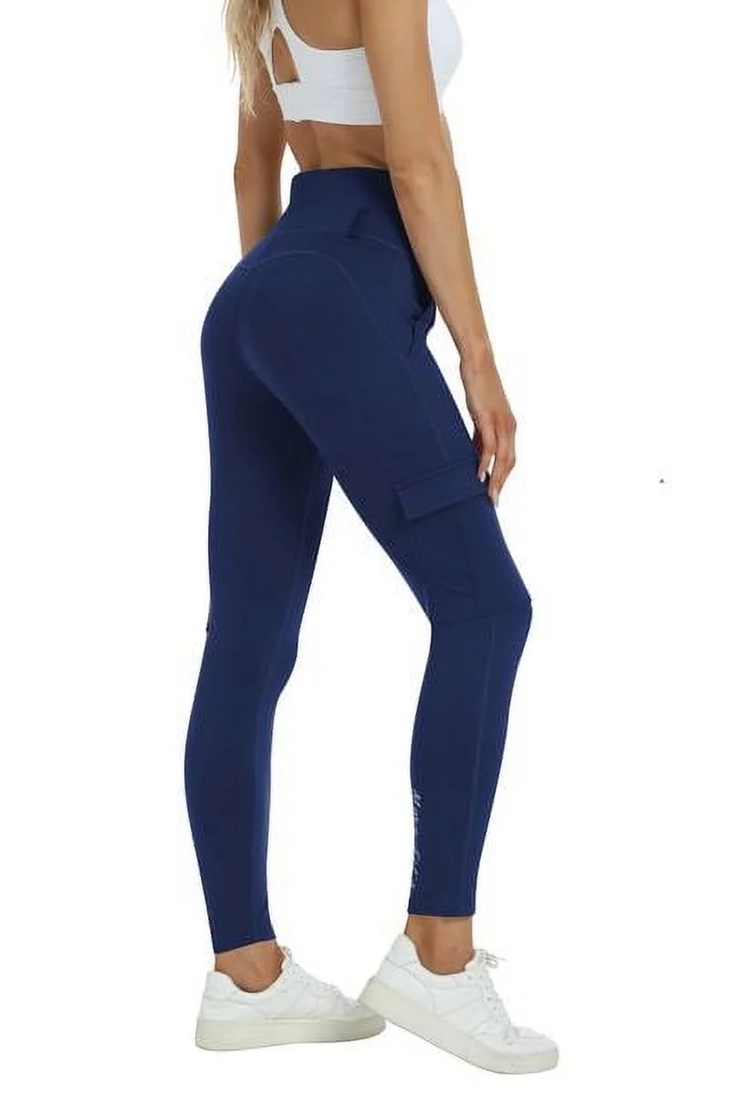 Mofiz Womens Yoga Pants With Pockets High Waisted Leggings Outdoor Running Pants Navy blue Size S-XL