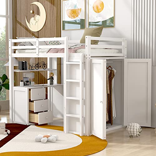 P PURLOVE Full Loft Bed with Desk for Kids,Multifunctioanl Wood High Loft Bed Frame with Storage Drawers,Wardrobe and Shelf,Full Bed Frame with Storage for Kids,Teens,Adults,Espresso