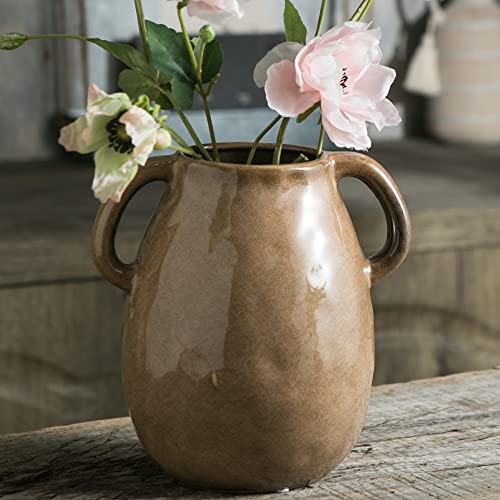 Brown Ceramic Vase with Big Handles, Modern Farmhouse Vase for Home Decor, Rustic Pottery Vase, Decorative Terracotta Vase for Flowers, Vintage Centerpieces for Dining Table