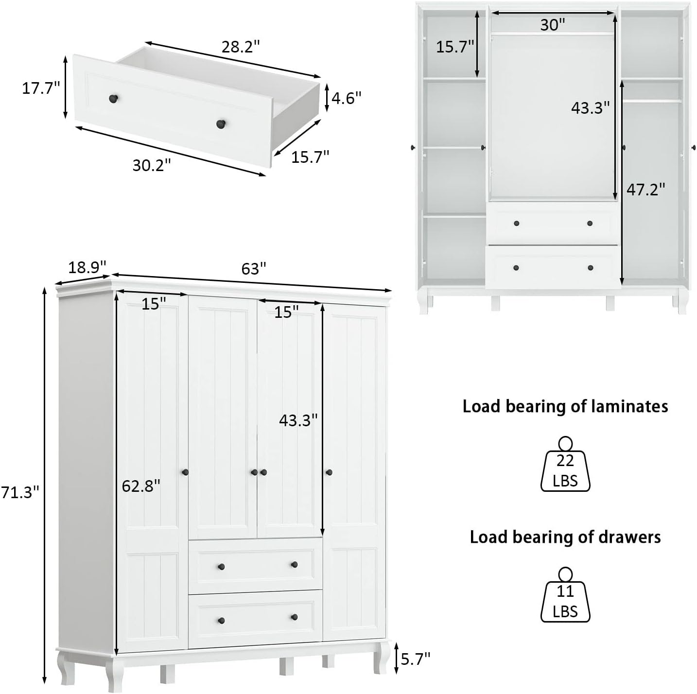 MOUMON Large 4-Door Wardrobe Closet with Doors and Shelves, Armoire Wardrobe Closet with Hanging Rod, Clothes Wardrobe with 2 Drawers, Armoire for Bedroom White (63”W x 18.9”D x 71.3”H)