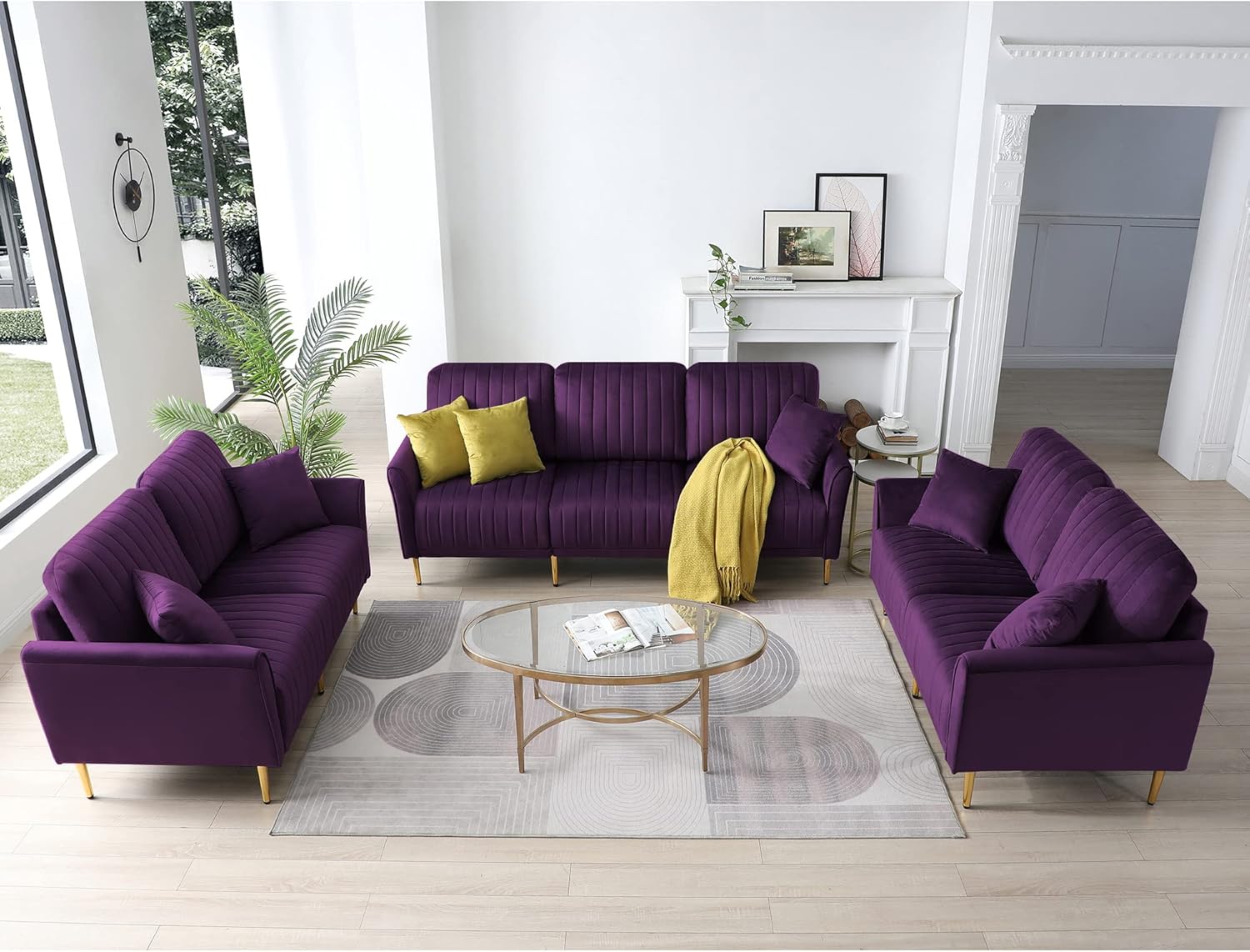 Ghislaine 3-Piece Sectional Sofa Set, Modern Velvet Upholstered Sofa Couch with Sturdy Metel Legs for Living Room, Apartment, 3-Seater Sofa + 2 Piece Loveseat Sofa, Purple
