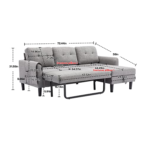 Modular Sectional Sofa with Storage Chaise, Pull Out Sleeper Sofa Bed with Chaise, Comfy L Shaped Convertible Sleeper Couch with Pocket Sectional 3 Seat Couch for Living Room Home Office