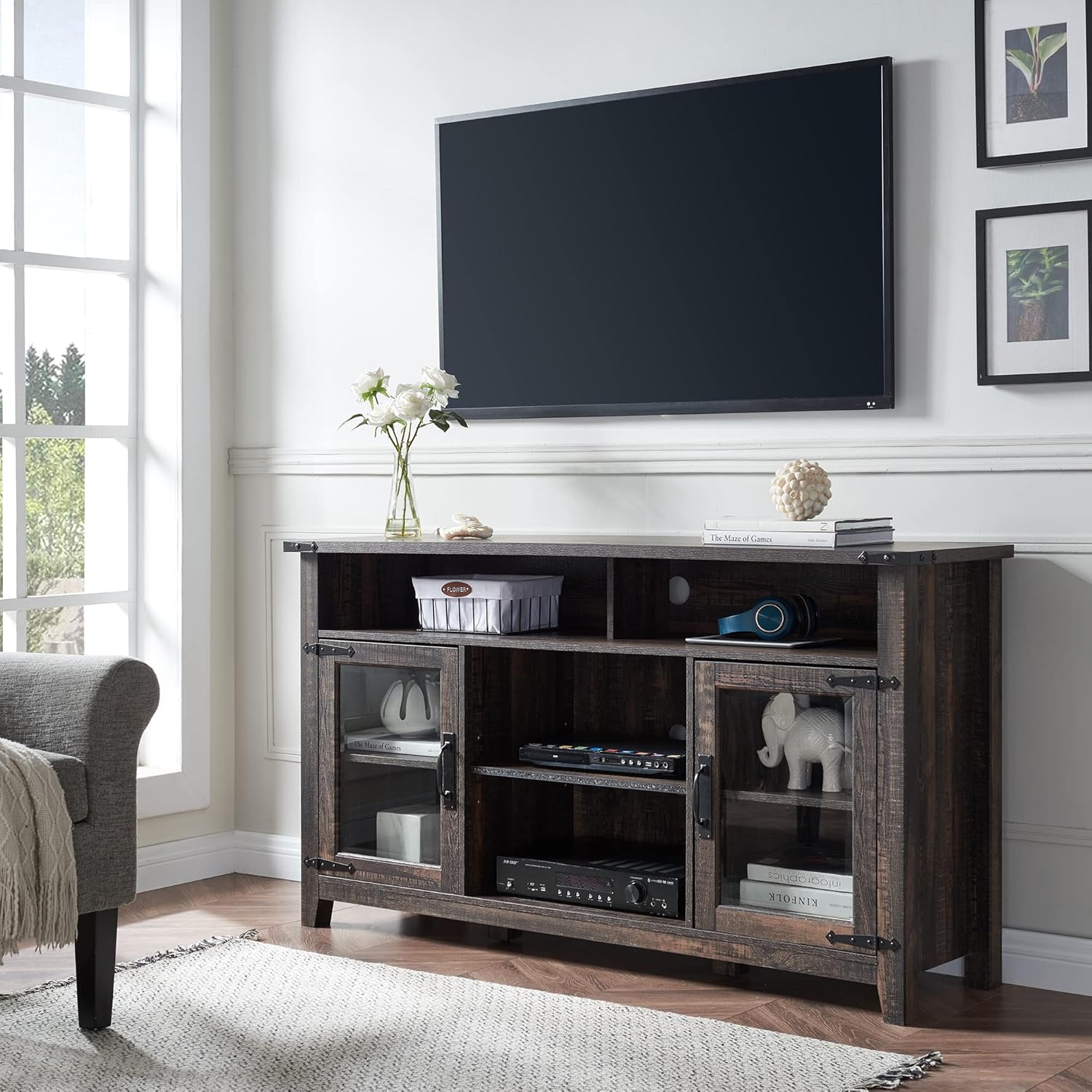 OKD Tall Rustic TV Stand Wood Farmhouse Entertainment Center Media TV Console Table for TVs Up to 65 Inch, with Glass Storage Cabinets & Open Shelves, for Living Room Bedroom(Light Rustic Oak)