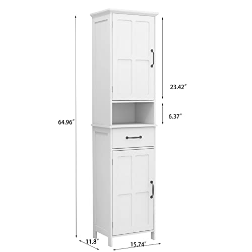 Double Door Narrow Height Slim Floor Standing Cabinet,Tall Bathroom Storage Cabinet with Open Shelves and one Drawer, Freestanding Cabinet,Bathroom Storage for Home, Kitchen, Living Room