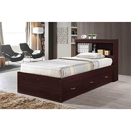 HODEDAH Twin Size Wood Platform Bed with Bookcase Headboard with 3 Drawers for Bedroom Storage Organization, Beech